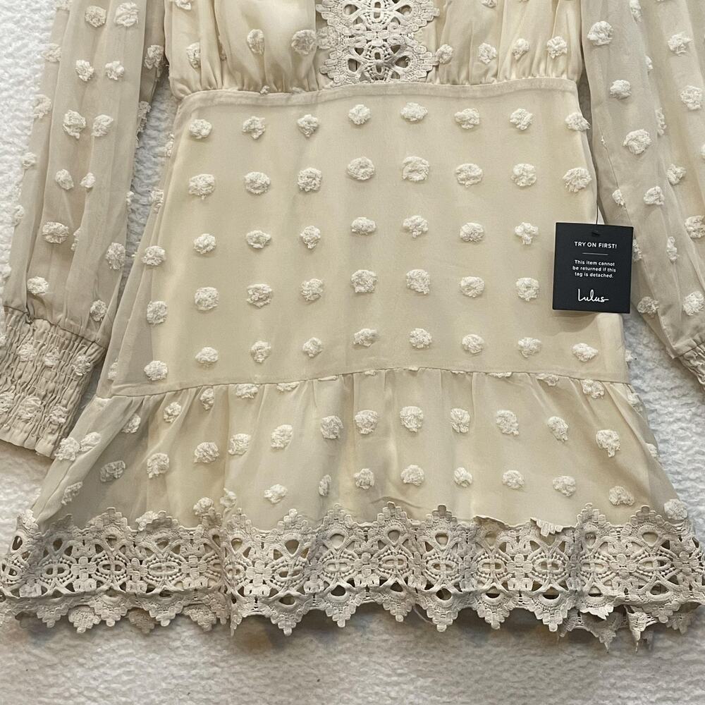 Lulus Dress Womens Extra Small Cream Long Sleeve Swiss Dot Lace Boho Mini Party - Picture 5 of 14